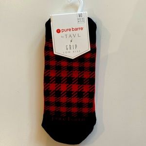 Pure Barre, low rise grip socks- black, and red checkered
